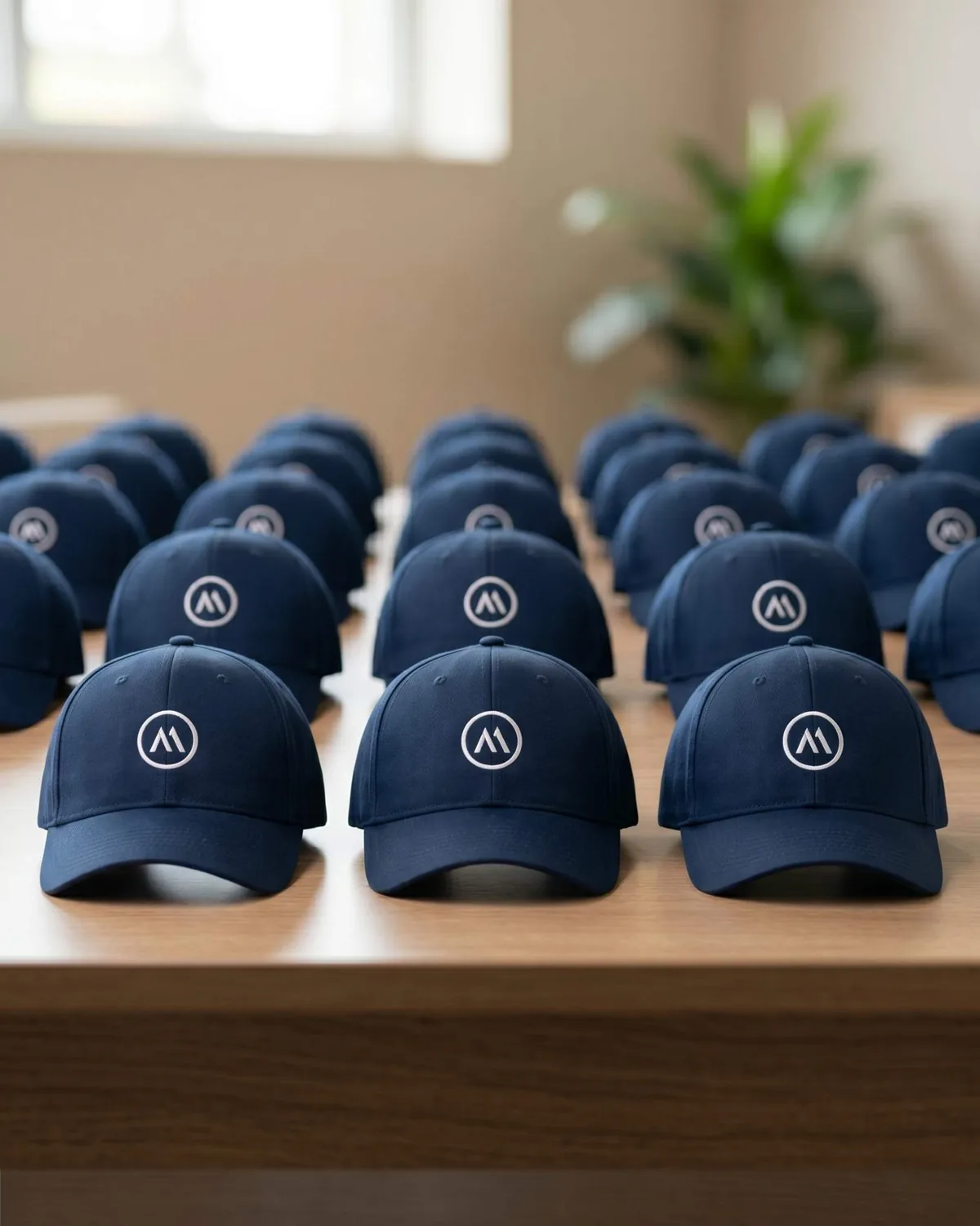 Mockup de cuatro gorras marino corporativas idénticas con logo bordado, ejemplo de pedido B2B