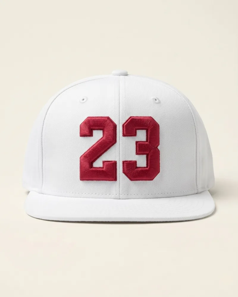 Gorra blanca plana con el número 23 bordado en 3D hilo crimson