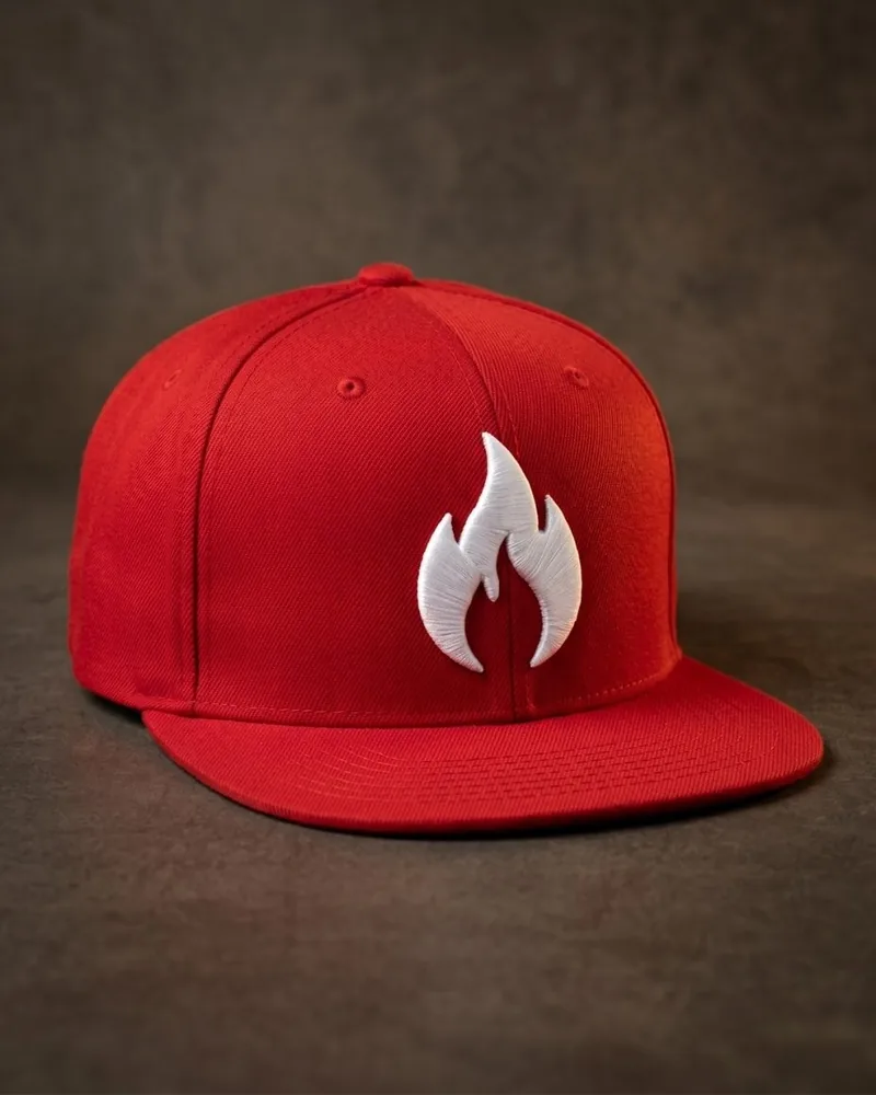 Gorra roja plana con llama bordada en 3D hilo blanco