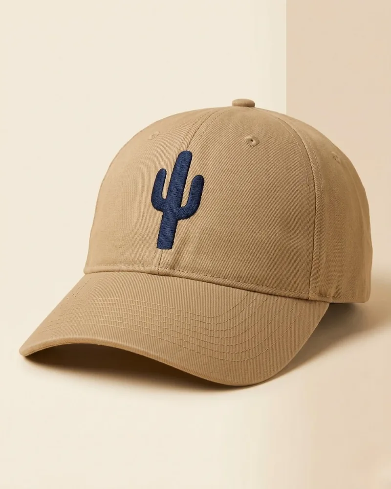 Gorra caqui curva con silueta de cactus saguaro bordada en hilo marino