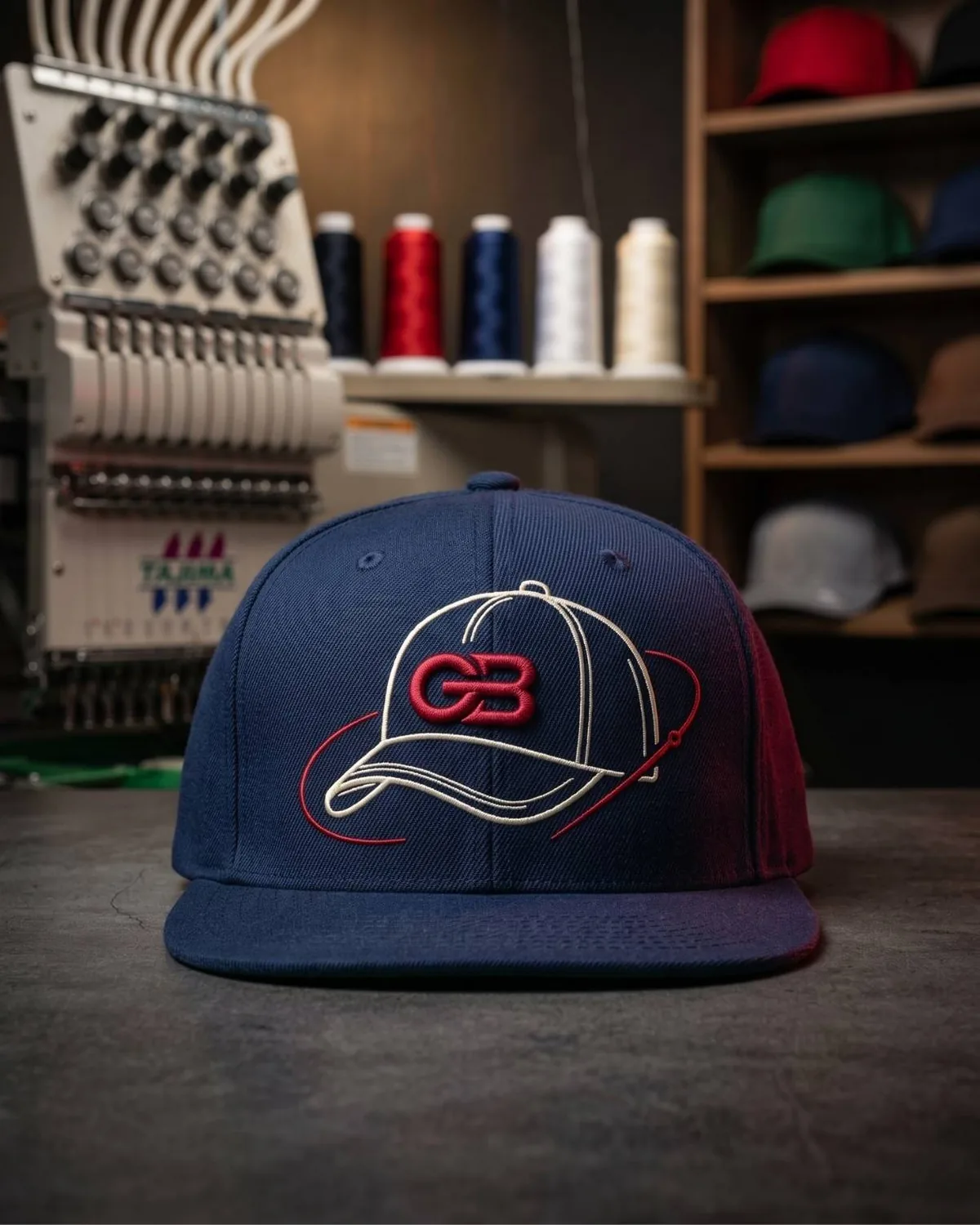 Gorra de béisbol azul marino plana con logo GB bordado en 3D rojo, sobre fondo de taller con máquina Tajima y carretes de hilo